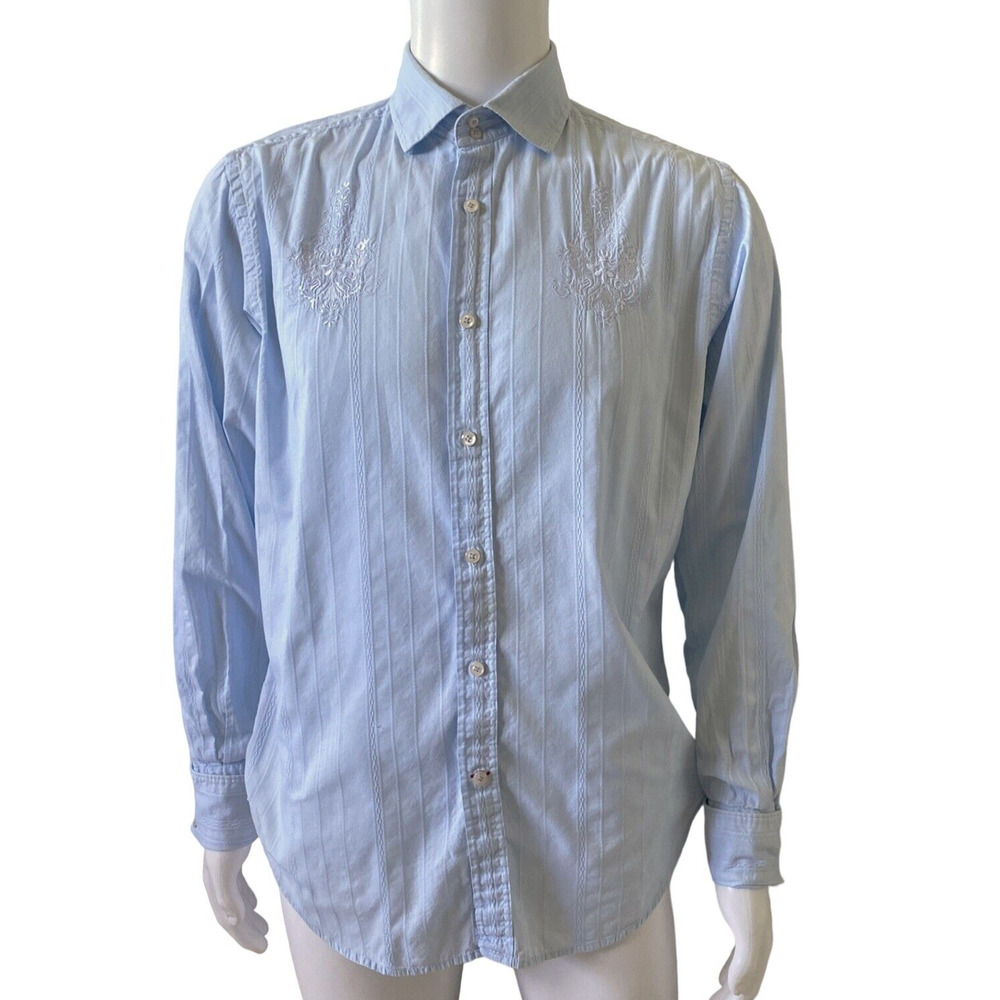 GUESS Mens Size Large Long Sleeve Blue Embroidered Button Up Collar Dress Shirt